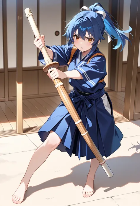 (masterpiece, best quality),source_anime,Japanese Kendo match. A girl wearing a kendo uniform,holds a one japanese bamboo sword(shinai).  serious expression. standing,dynamic angle. BREAK navyblue hair,ponytail,brown eyes,fresh lips,bare foot,