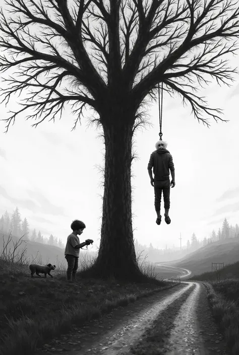 Create a black and white image of a tree at the end of a road and on one side under the tree a  playing with a toy car and on the other side a figure of a hanged man 