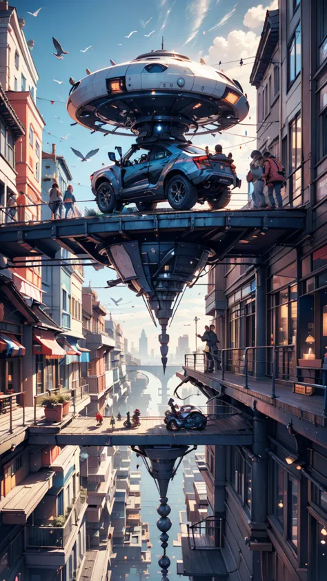 Create futuristic hyperrealist artwork, Imagine a city in the sky, With complex architectural structures and advanced technology. A detailed depiction of a futuristic city, Capture the bright light, Suspended platforms and flying vehicles that move vertica...