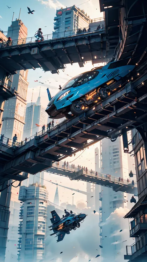 Create futuristic hyperrealist artwork, Imagine a city in the sky, With complex architectural structures and advanced technology. A detailed depiction of a futuristic city, Capture the bright light, Suspended platforms and flying vehicles that move vertica...