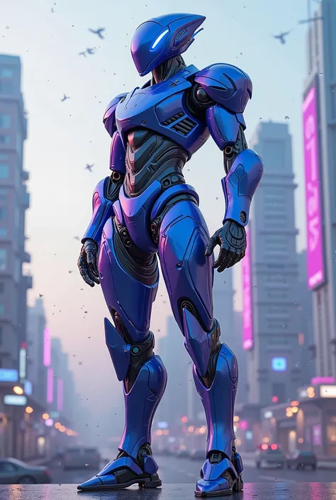 Create an image of a futuristic robot, In the colors blue and purple without a background