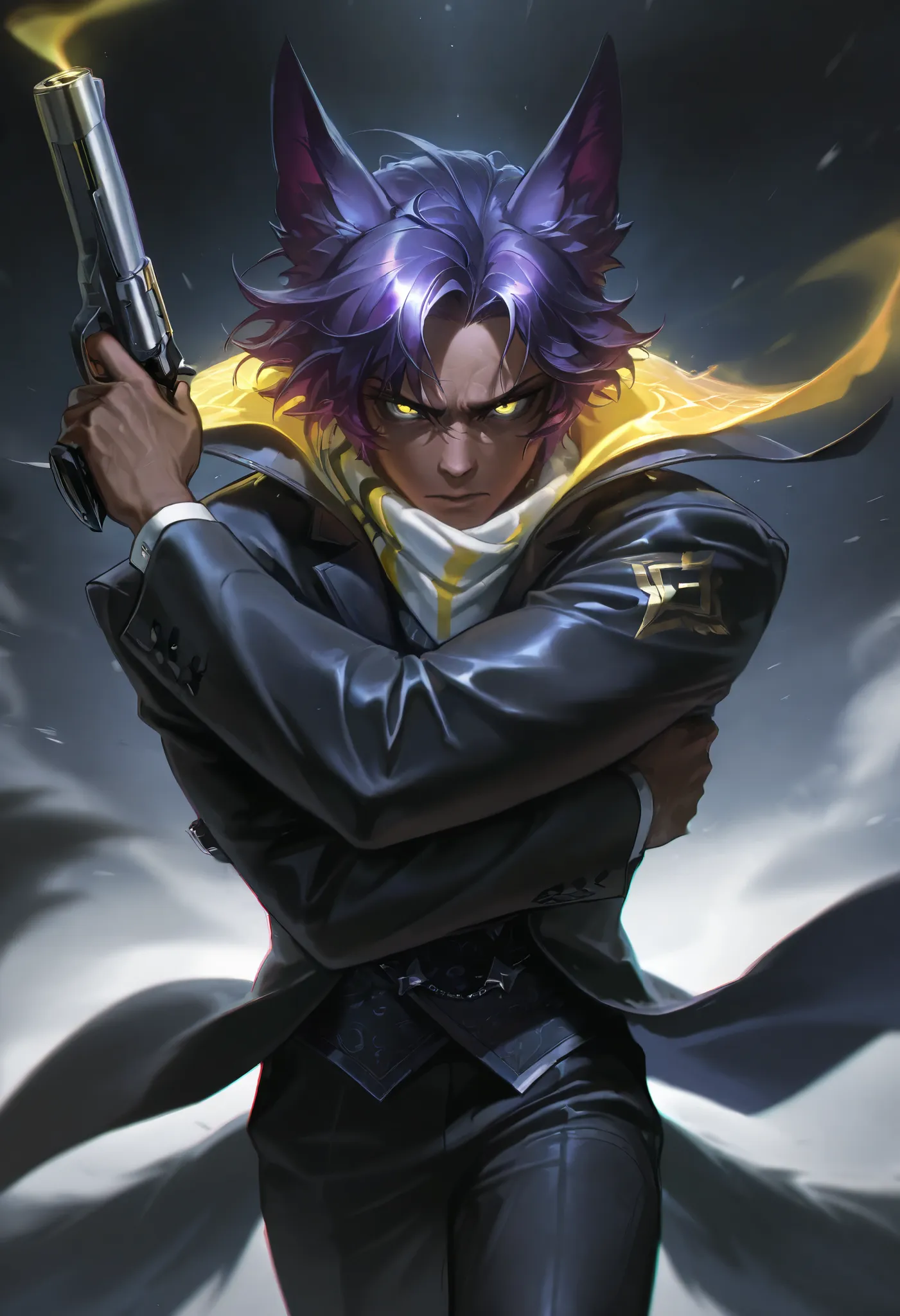 Score_9, Score_8_up, Score_7_up, Score_6_up, masterpiece,  upperbody, 1male, solo, dark skin, vastayah race, dark skin, purple hair, long fox ears, backward ears, yellow eyes, shinning eyes, cold posture, villain, serious expression, wearing a black formal...