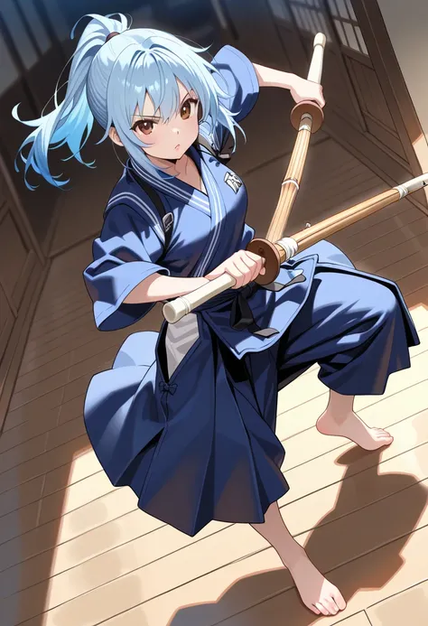 (masterpiece, best quality),source_anime,Japanese Kendo match. A girl wearing a kendo uniform,holds a one japanese bamboo sword(shinai).  serious expression. standing,dynamic angle,dynamic pose, BREAK navyblue hair,ponytail,brown eyes,fresh lips,bare foot,