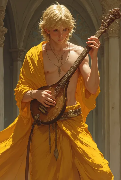 handsome young wizards playing the lute, wearing a rich yellow loincloth that leaves your abdomen exposed, his legs exposed .He has Golden Blonde, Bowl Cut hair that falls naturally, catching the light with a soft shine that enhances his youthful yet refi...