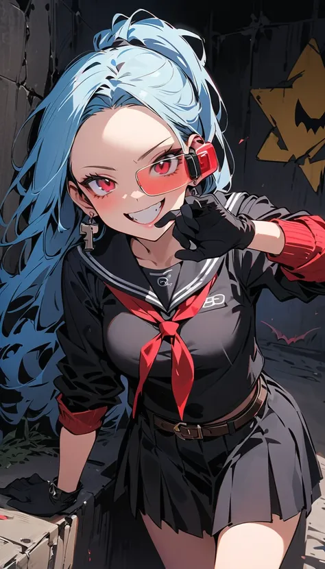 ( beautiful girl : 1.3),1 girl,( black sailor suit on the background, Long Sleeve, arm roll up, skirt,headband,earrings,belt,harness,finger piercing gloves ,Lock, Bbo~,scouter),Blue Hair,ponytail,Forehead, Crazy Smile ,Reckless attitude,Evil face,Provocati...