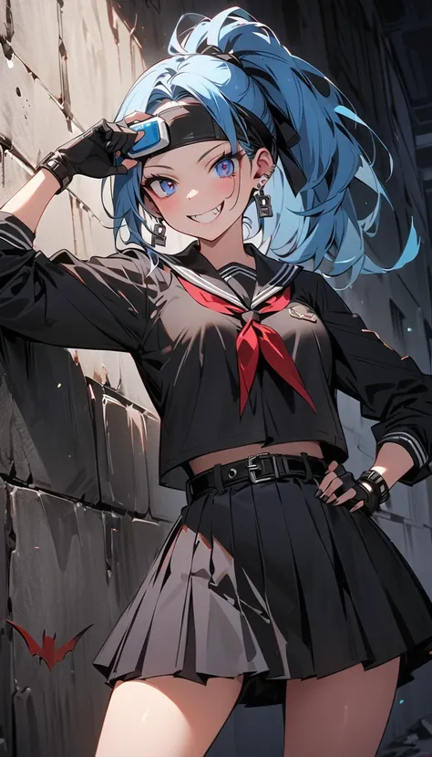 ( beautiful girl : 1.3),1 girl,( black sailor suit on the background, Long Sleeve, arm roll up, skirt,headband,earrings,belt,harness,finger piercing gloves ,Lock, Bbo~,scouter),Blue Hair,ponytail,Forehead, Crazy Smile ,Reckless attitude,Evil face,Provocati...