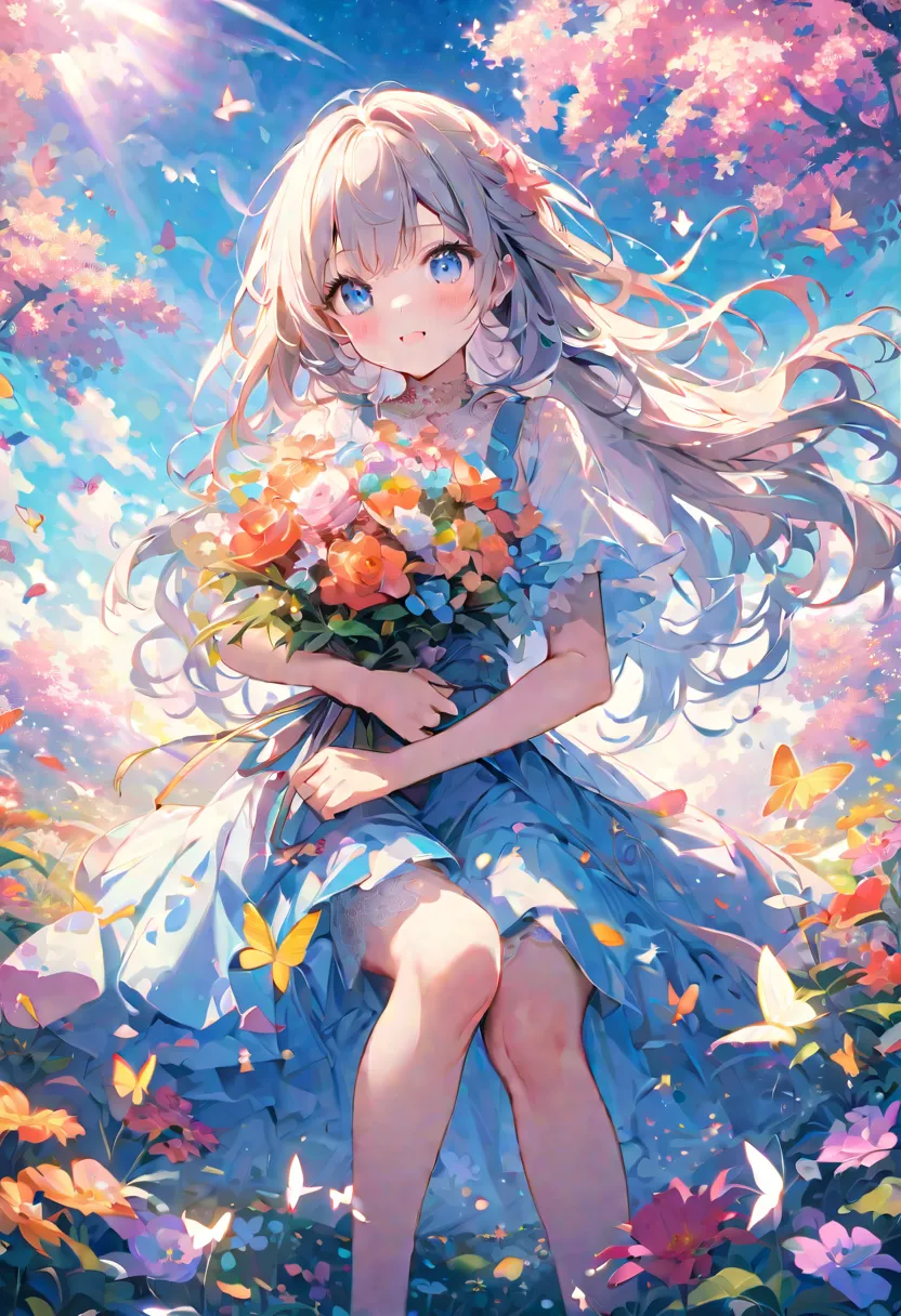 anime、kawaii"An surreal girl is sitting in a vast flower field. She is holding a colorful bouquet of flowers, and in the background there is a blue sky with white clouds. Butterflies are fluttering in the sky, and sparkling light particles are floating in ...