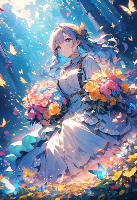 anime、kawaii"An surreal girl is sitting in a vast flower field. She is holding a colorful bouquet of flowers, and in the background there is a blue sky with white clouds. Butterflies are fluttering in the sky, and sparkling light particles are floating in ...