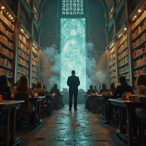 The action takes place in an ancient library with hefty books, the style of such a mystical half-bright cyberpunk and an incredibly distant future. In this ancient atmosphere, there is a man in a business suit behind him is a parchment next to the parchmen...