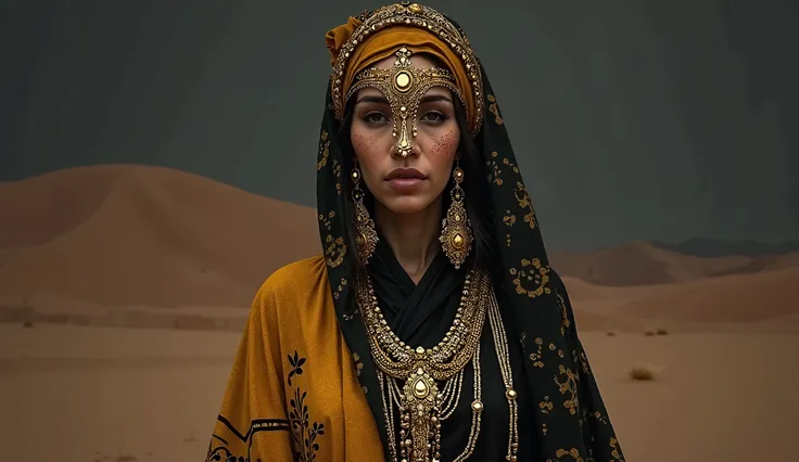 Une femme magnifique typée berbère. Elle porte une robe noir et jaune style berbère. Elle porte une sorte de masque en bijoux tombant doré. Elle a un grand foulard sur la tête. Elle est dans un désert sombre