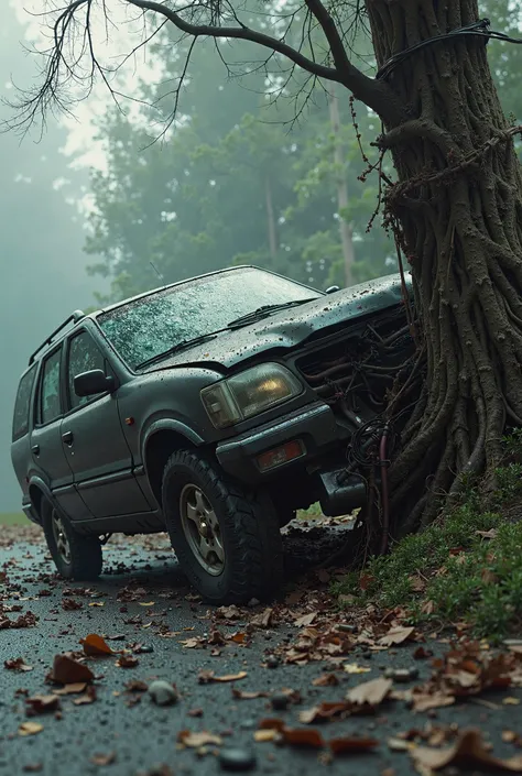 CAR CRASHED INTO A TREE WITH A VICTIM TIED TO THE HARDWARE