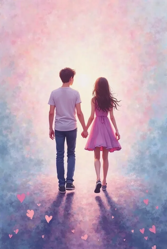 A painting were There are 2 figures(boy and girl) walking away past each other and center of them is their silhouette that are embracimg.
The background is soft, pastel-colored background with gradients of pink, blue, and lavender to evoke a dreamy, ethere...