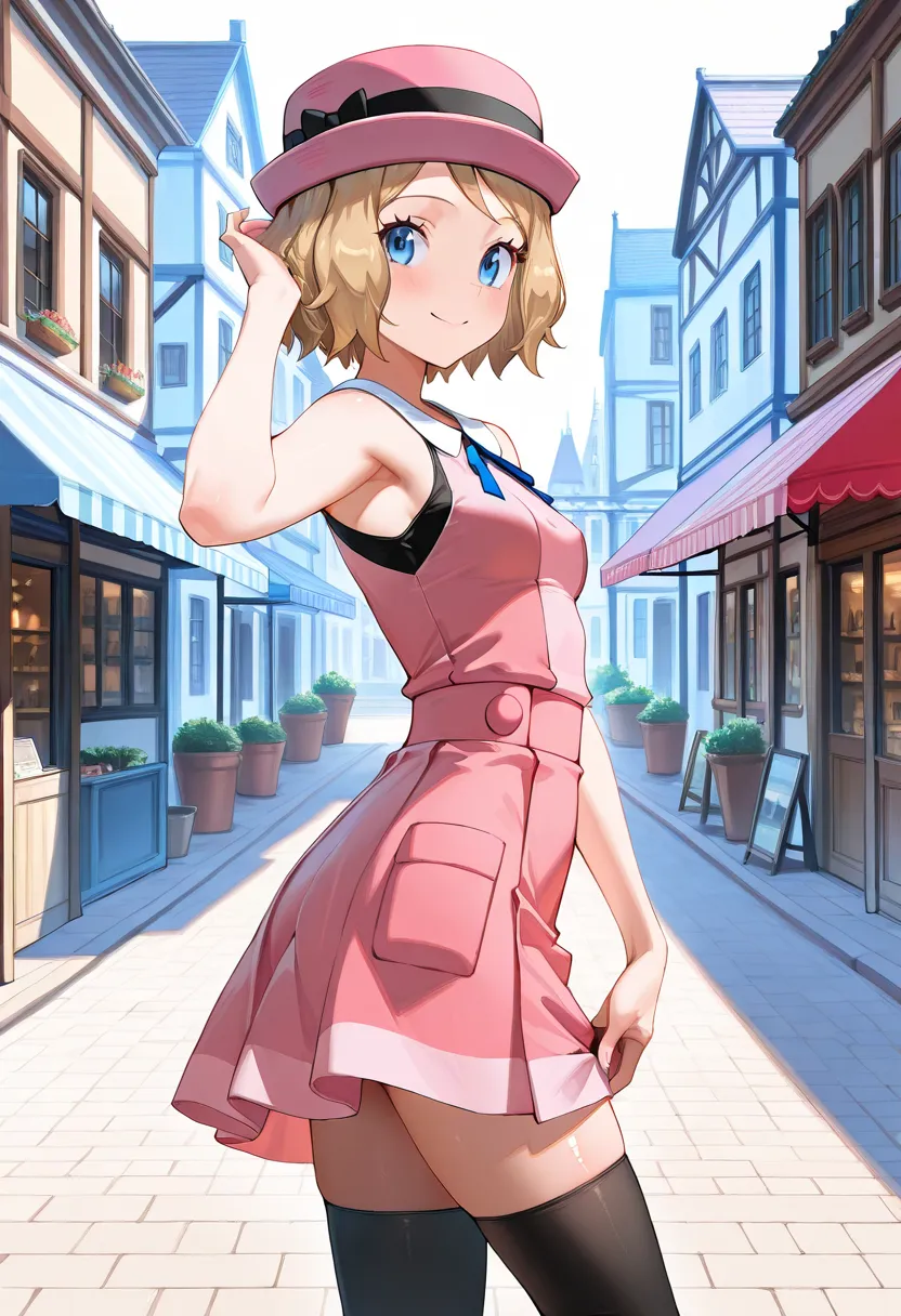 1girl, standing, one hand on skirt, one arm up, facing viewer, from side, BREAK zzSerena, solo, short hair, pink headwear, eyelashes, blue eyes, neck ribbon, blue ribbon, pink dress, sleeveless, bare arms, pink skirt, black thighhighs, (small breasts:0.9),...