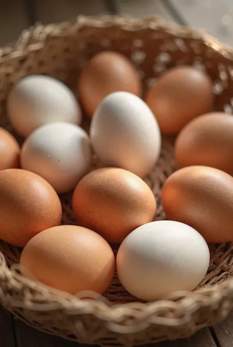 Chicken eggs in a basket, realistic, clean