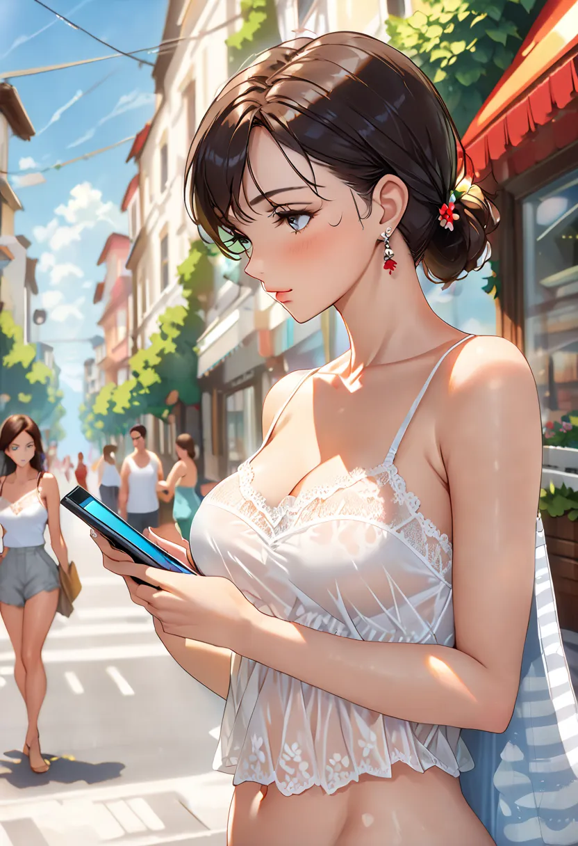 Upper body photo of a beautiful woman , Fiddling with a cell phone in the middle of the street, [ see-through]( short lace camisole:1.47), Natural Breasts, medium breasts, ( thin waist, Perfect body curves), earrings, sharp concentration, (Tall body,  Adul...