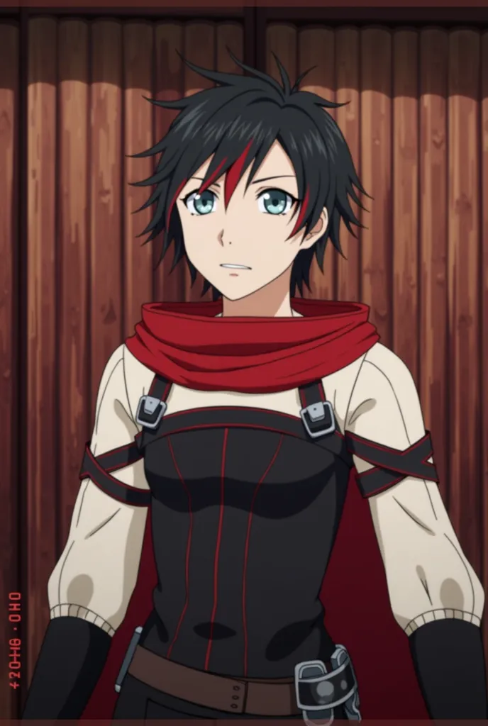 Anime guy, with silver eyes, black hair with red highlights, from sword art online, wearing fantasy black clothes, armor chest plate