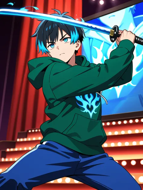 anime boy, black hair with electric blue highlights, blue eyes, serious expression, dark green dinosaur hoodie, blue pants, dancing with a katana sword covered in blue flames, action pose, sword dancing routine, theater stage, talent show