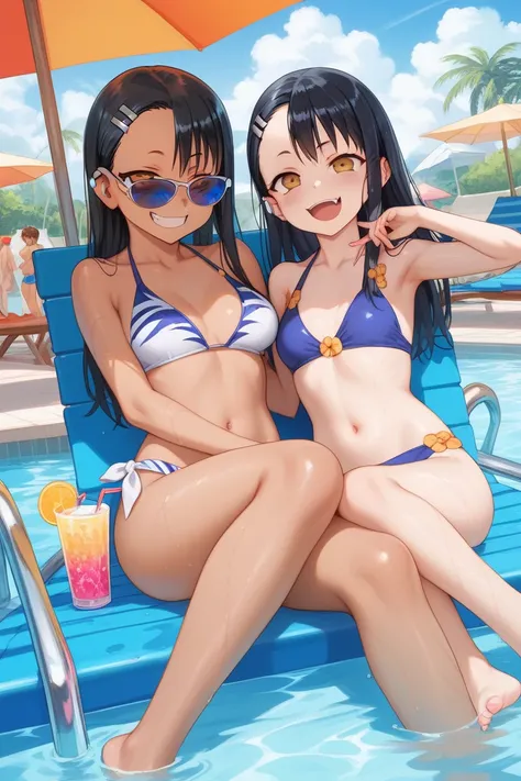 Hayase Nagatoro and her friend are enjoying a sunny day by the pool. Nagatoro is wearing a bikini printed with tropical motifs, in shades of red and white, and her friend is wearing a light blue bikini with yellow accents. Nagatoro is sitting on the edge o...