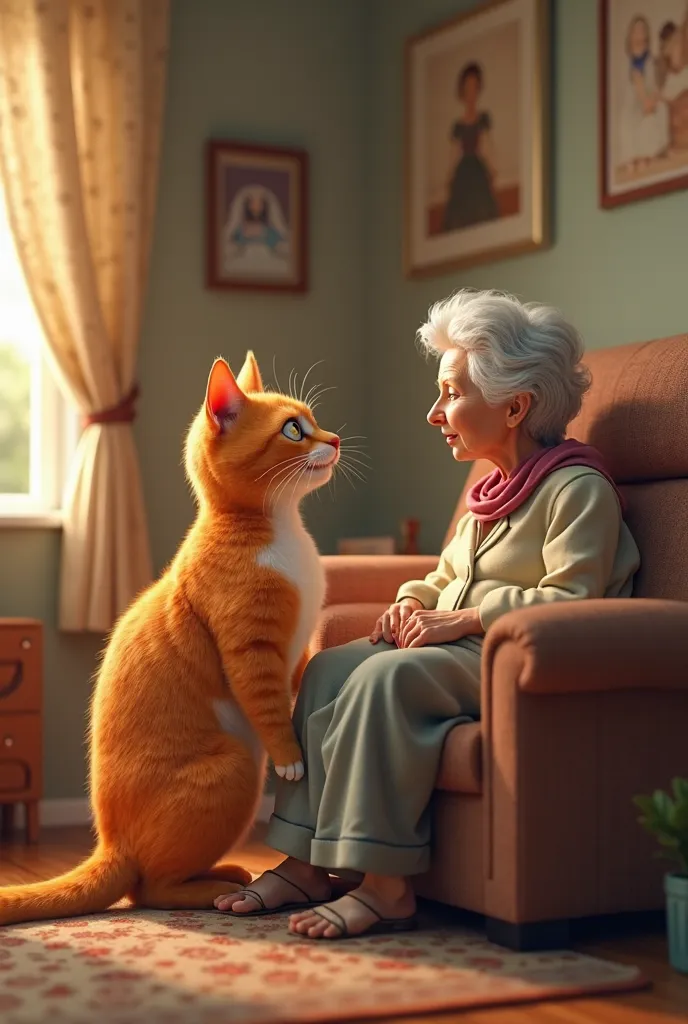 Orange 3d ai cat protecting old cute grandmom jnside the home