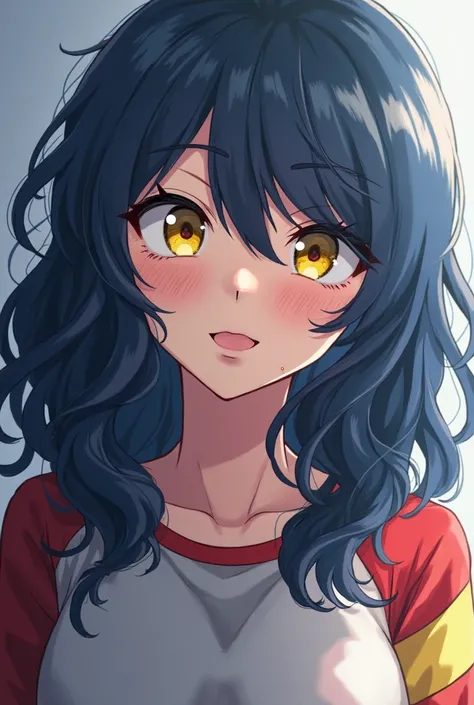 Make me a 17-year-old girl in the universe of Boku No Hero Academia with this look and face shape ,In addition, she has golden eyes with a half-slanted shape at the tip and her hair is wavy and indigo in color, she has a star-shaped birthmark that is below...