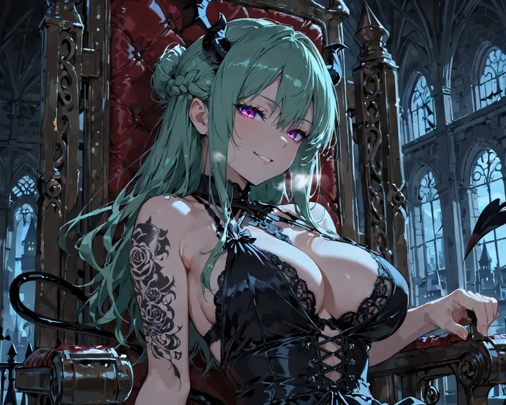 ((solo)), (succubus devil install:1.2), Beautiful woman with public tattoos all over the body, green hair, long hair, braid hair, sidelocks, white breath, multicolored eyes, shining eyes, seductive smile, large breasts, lace up dress, lace up decoration, l...