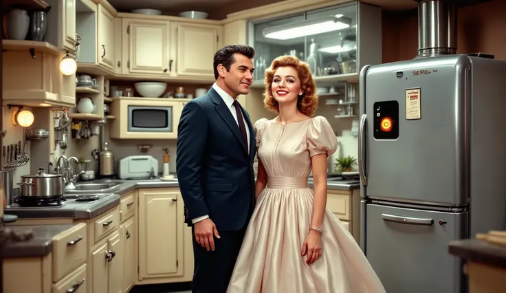 a promotional photo of a 1950s retro-futuristic laboratory-style kitchen** with a mini-fridge, freezer, cabinets, sink and small dish drainer, microwave and small electric stove. and a 1950s family, with a man wearing a 1950s suit and pompadour hair and a ...