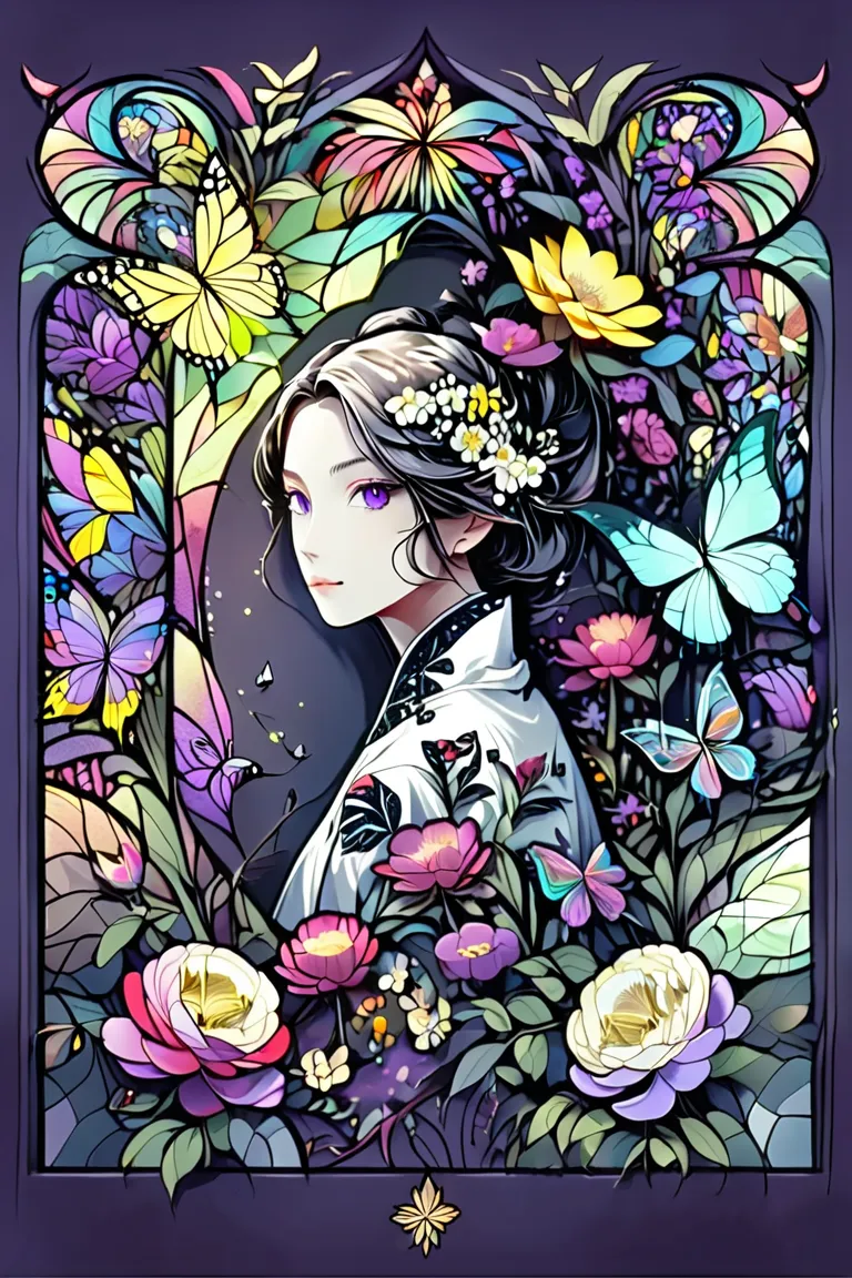     Cut the paper in the middle 、    stained glass、     Geometric Model   、flower、  butterfly、  beauty、  Demon Slayer 、Kocho Shinobu、portrait、black military uniform and white kimono jacket、 purple eyes、 long hair ponytail、Butterfly Hair Ornament、