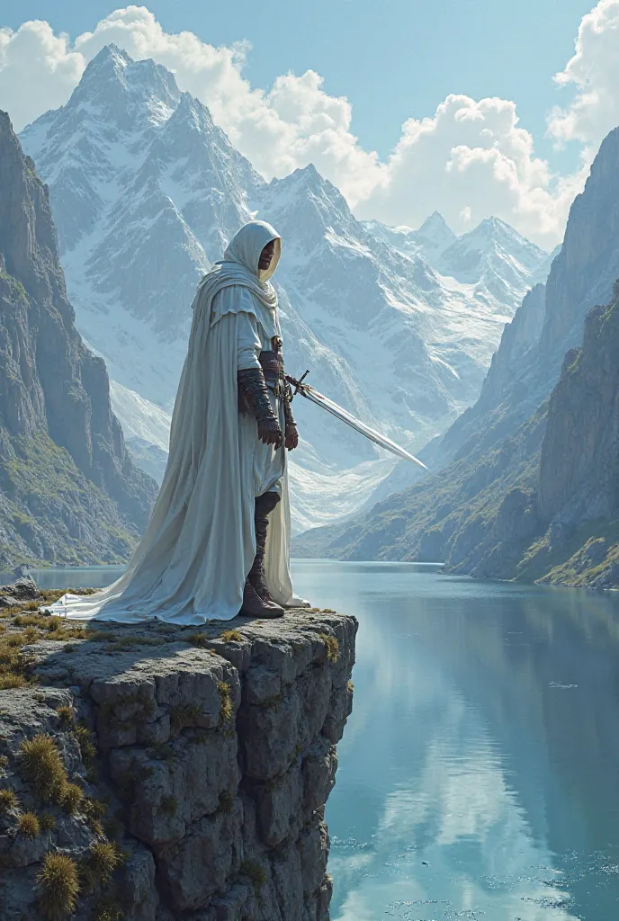 Give me the image of the majestic mountain scene covering, a white cloaked sword standing on the cliff, wine lake handle, corner mouth opening arrogant smile.( character Fig Lake Command