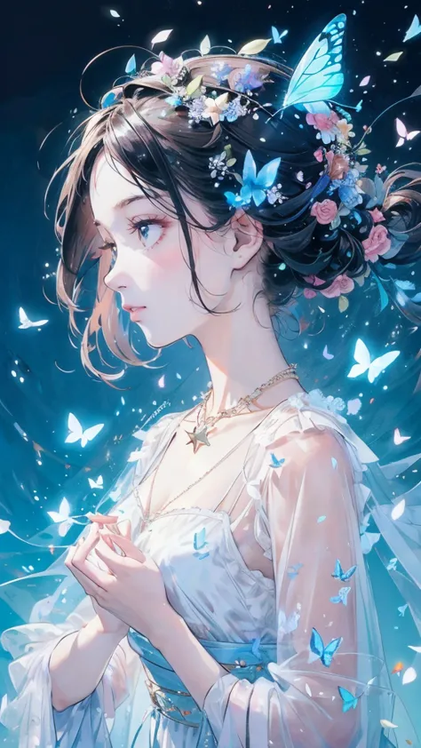 Masterpiece High Resolution Beautiful girl profile Transparent flowers approaching face with both hands Fantastic flower field Blue sky, Woman with star-shaped butterfly hair, surrounded by lights, One girl, Butterfly, Solo, Jewelry, Necklace, Dress, Profi...