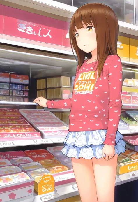 kgr, 1girl, solo, brown hair, long hair, brown eyes, printed shirt, long sleeves, flared miniskirt, flat chest, standing in toy store, ultra detailed, highres, general, masterpiece, best quality, amazing quality, very aesthetic, absurdres, newest,