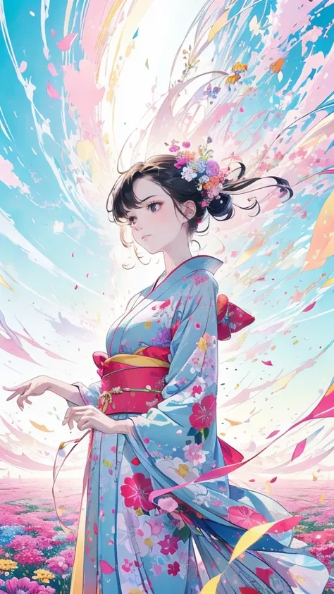 Anime - Super detailed, absolute resolution, a masterpiece. Beautiful woman dancing in a colorful pastel kimono. Flower field background. Wonderland world view.