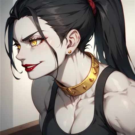 A ash pale grey skin 40 years old casual girl long black ponytail parted wavy black hair,sharp eyes, yellow eyes black cleavage top,black fancy pants, defined muscle bulging veins giant body,black wristband,pretty face,red lipstick,simple gold collar,arrog...