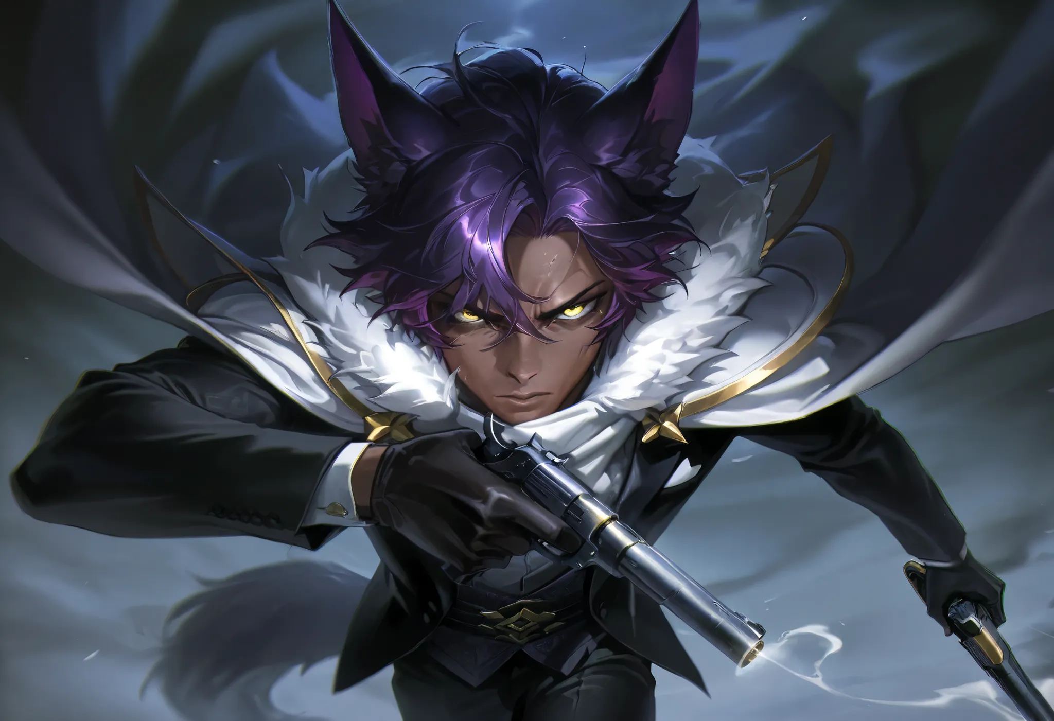 Score_9, Score_8_up, Score_7_up, Score_6_up, masterpiece,  upperbody, 1male, solo, dark skin, vastayah race, dark skin, purple hair, long fox ears, backward ears, yellow eyes, shinning eyes, cold posture, villain, serious expression, wearing a black formal...