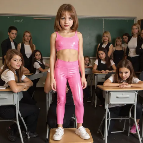   A  girl at school standing on a desk looking at the viewer, Kneeling teachers surround her, wearing tight pink latex leggings and a pink latex crop top   ,  beautiful, HDR-10,  attire,  illuminate from the background , white tennis shoes 