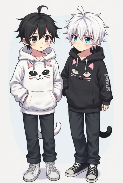 (a boy with black hair white cat hoodie jacket) , (a boy with white hair and a black cat sweatshirt,  blue eyes) both black pants and light-colored sneakers, anime