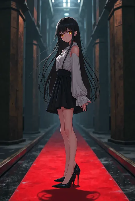 anime female character, long black hair, yellow eyes, fair skin, white dress with black skirt, black high heels, height 1.70m, standing on a dark path with a red carpet and black floor, eerie and mysterious atmosphere, high-quality anime style --ar 16:9 --...