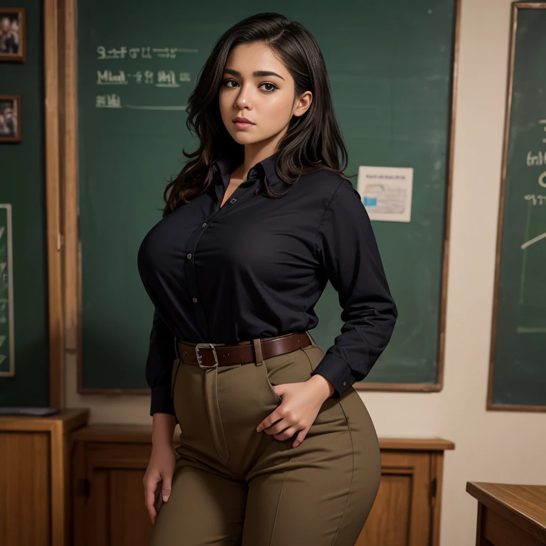 Dark photo style, a chubby Mexican emo nerdy , medium slightly wild hair, cute detailed brown eyes, cutely detailed lips, cute highly detailed face, huge voluptuous sagging breasts, thin thighs, thin hips, wearing long-sleeved school shirt tucked in belted...