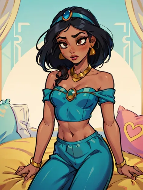 (masterpiece, best quality:1.2), 1girl, Princess Jasmine (Aladdin), long black hair, brown eyes, dark skin, jewelry, earrings, eyeshadow, makeup, blue bedlah crop top, blue salwar pants, exposed shoulders,
