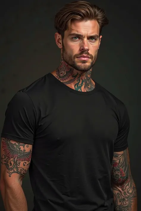  Beautiful Caucasian man with brown hair,   short on the sides and full on the top ,  tattoos on his neck , , one of them being a flame of fire and an eagle on his left arm.,  short beard and green eyes , 30 years old, wearing a black t-shirt,  standing ag...