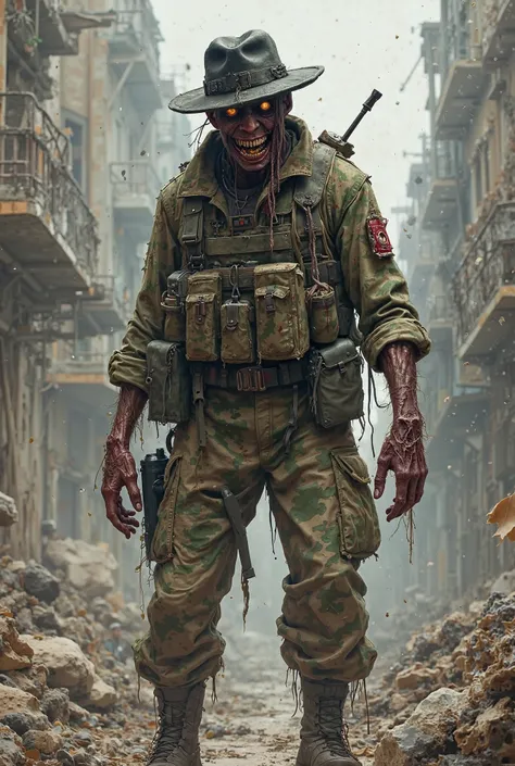 Zombie in military war clothes and black brimmed hat