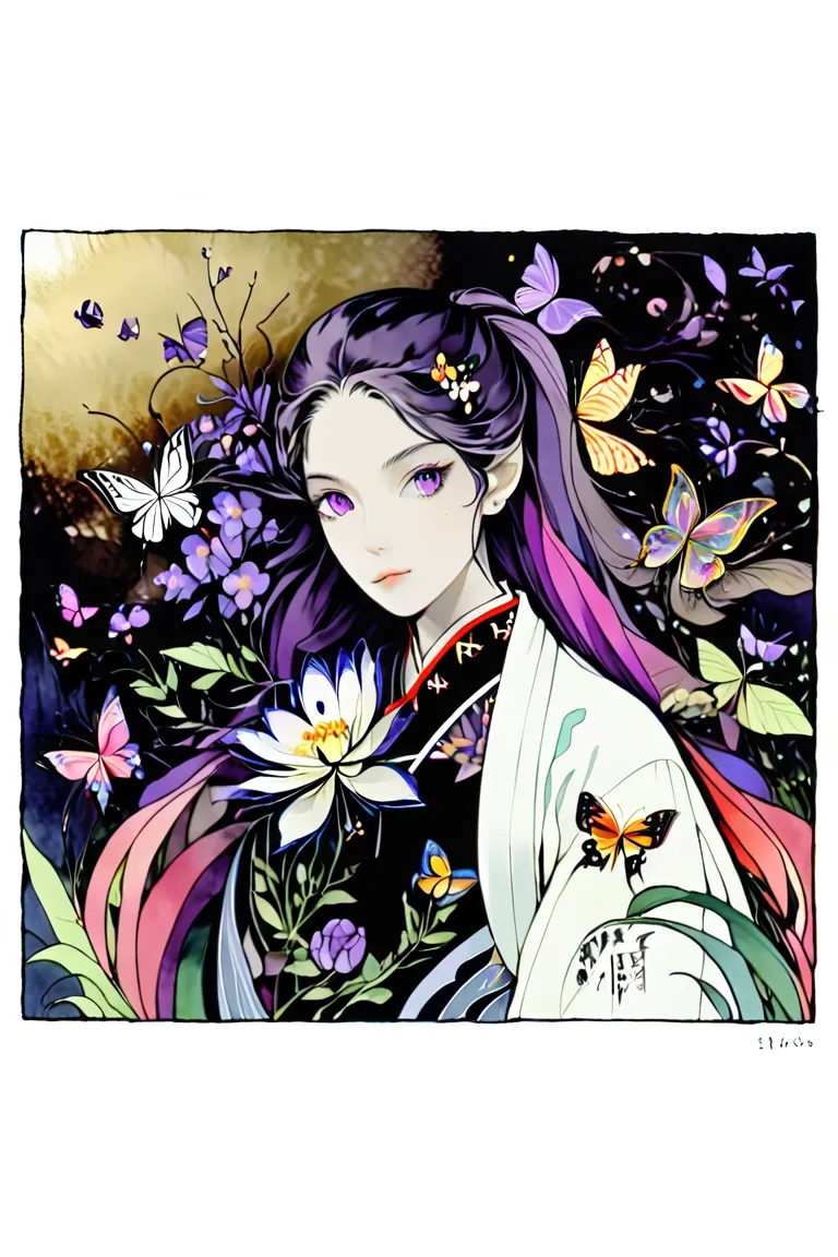     paper cut the front in the middle、  stained glass、      Geometric Model    、flower、   butterfly、   beauty、  showed Demon Slayer 、  Kochoshinobu 、portrait、black military uniform and white kimono jacket、 purple eyes、  Long Hair Ponytail 、Butterfly Hair O...