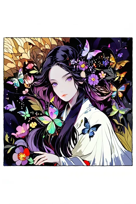     paper cut the front in the middle、  stained glass、      Geometric Model    、flower、   butterfly、   beauty、  showed Demon Slayer 、  Kochoshinobu 、portrait、black military uniform and white kimono jacket、 purple eyes、  Long Hair Ponytail 、Butterfly Hair O...