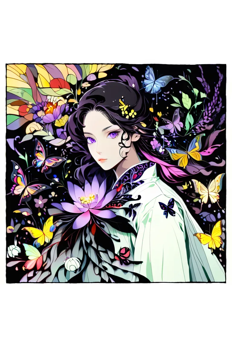     paper cut the front in the middle、  stained glass、      Geometric Model    、flower、   butterfly、   beauty、  showed Demon Slayer 、  Kochoshinobu 、portrait、black military uniform and white kimono jacket、 purple eyes、  Long Hair Ponytail 、Butterfly Hair O...