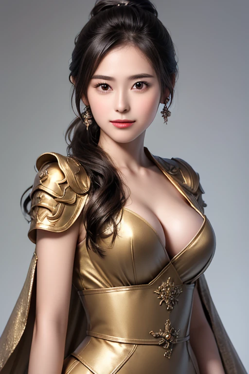 The upper body of a female warrior wearing golden armor and cloak, 1 person,  cute ponytail  ,20 years old, (((Real Face))), slightly larger breasts and cleavage,  reveal cleavage,Scary face,  very fine facial and skin textures , staring at the camera,   C...