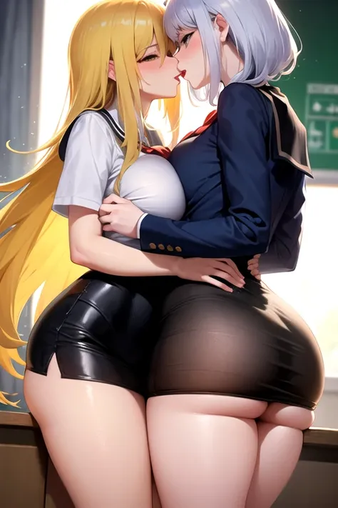 lesbian (Very long and loose yellow hair)( big breasts,  big thighs )(With school uniform clothes it is very tight)  whom he is kissing and touching her parts at school with his girlfriend(who are in a very sexy and compromising position with their girlfri...