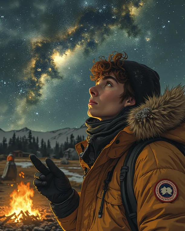 Low-angle waist-up NatGeo portrait: 24yo chestnut-haired adventurer in Canada Goose parka gestures to Orion under full moon. Bioethanol firelight, Aurora-lit Milky Way, luxe geodesic tent behind. Details: frost on collar, Leica telescope, leather star atla...