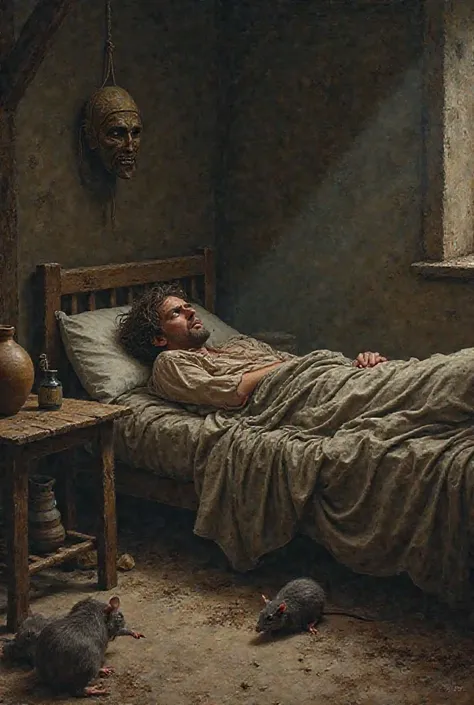 A person waking up in the middle ages, With clay jugs, Dirt on the table, rats and the Black Death mask, 