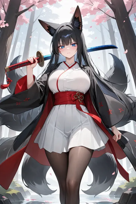 absurdres, (((HD))), (((Ultra High Quality))), ((hyper detailed)), ((Ultra High Resolution)), (Highly rendered), ((detailed eyes)), (((8K))), ((perfect face)), ((masterpiece)), one girl, Kitsune, fox ears, fox tails, six tails, black hair, long hair, stern...