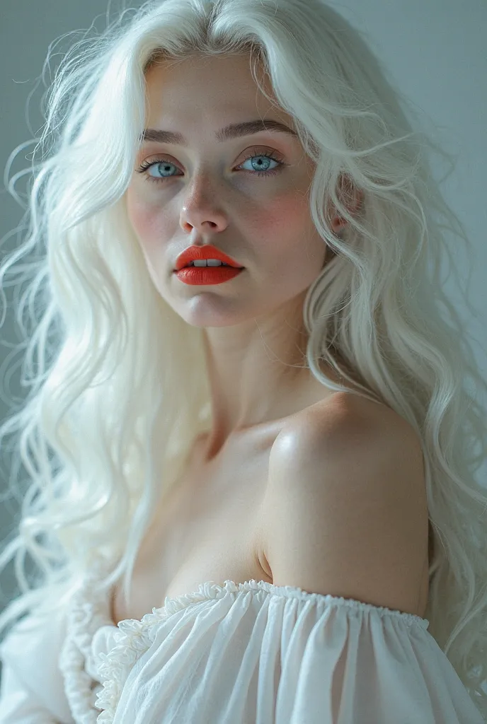 Beautiful girl with curly long white hair, flowy dress, blue eyes, white skin, red lipstick. Smiling at the viewer