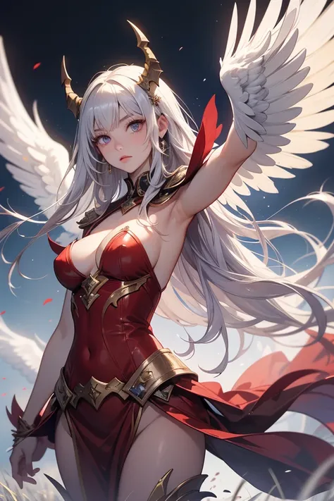 An army of、a young female angel with very long white hair, the scarlet gold warrior archangel costume long collar, strong outstretched arms, Combat pose, spread white and purple wings, 、huge two-handed sword in hands , create an atmosphere of war, archange...